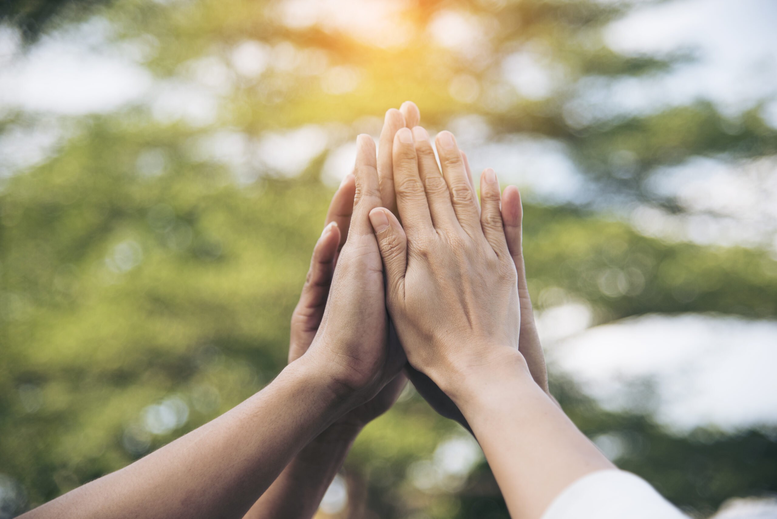 Teamwork high five as team together hands air greeting power tag team. Group of diversity people multiethnic