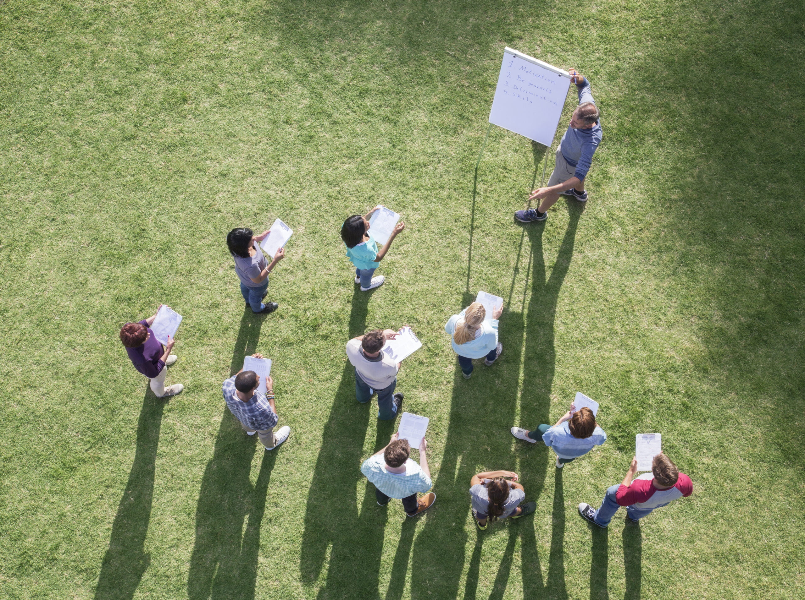 Businessman leading meeting at flipchart in sunny field